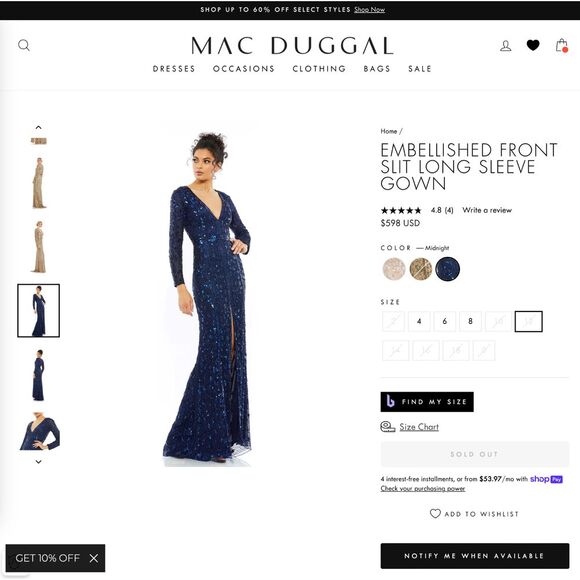 NWT Mac Duggal [ 12 ] Embellished Front Slit Long Sleeve Gown 5002 in Blue #J154 - Picture 3 of 16